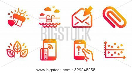 Love Gift, Organic Tested And Paper Clip Line Icons Set. Open Mail, Contactless Payment And Swipe Up