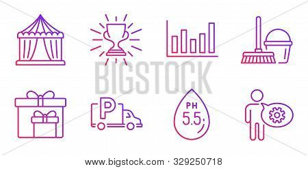 Bucket With Mop, Truck Parking And Delivery Boxes Line Icons Set. Column Chart, Trophy And Circus Te