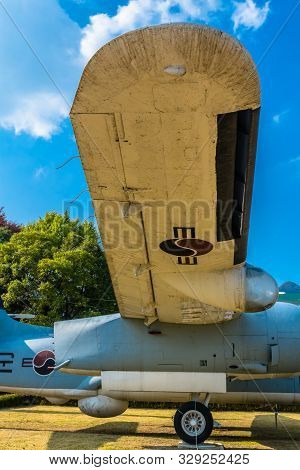 Daejeon, South Korea; October 20, 2019: Starboard Side Wing, Landing Gear And Searchlight Dome On Gr