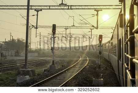 Indian Railway Train,view From Window At Dawn,tamil Nadu,india.
