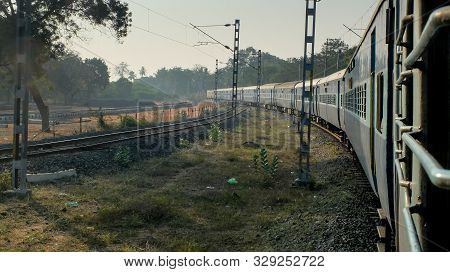 Indian Railway Train,view From Window At Dawn,tamil Nadu,india.