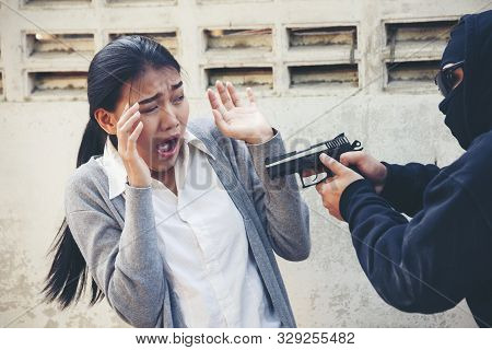 Robber Thief Criminal Using Gun Extortion Witness. Criminal Concept.