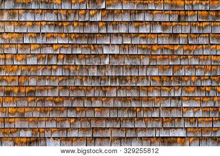 Rough Bumpy Wood Shingles Cladding, Row Of Wooden Material Of Small Shingles Wall Facade, Abstract W