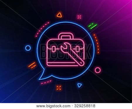Spanner Tool Line Icon. Neon Laser Lights. Repair Tool Case Sign. Fix Instruments Symbol. Glow Laser