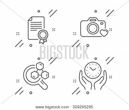 Certificate, Chemistry Lab And Photo Camera Line Icons Set. Safe Time Sign. Diploma, Lab Research, L