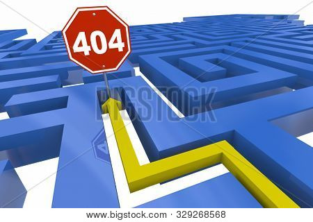 404 Error Page Not Found Missing Website Dead End Maze Stop Sign 3d Illustration