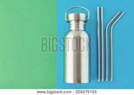 Zero Waste Eco Friendly Concept. Reusable Plastic Free Items On Colorful Blue And Green Background. 