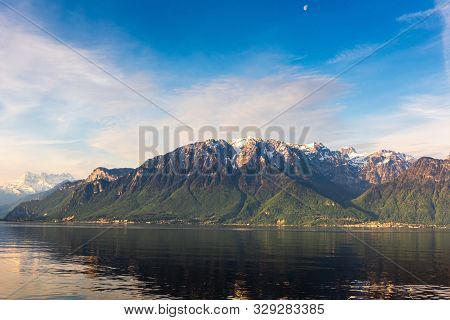Natural Landscape Scenery View Of Lake Geneva And Swiss Alps At Switzerland, Nature Scenic Horizonta