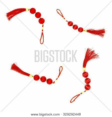 Chinese Knot With Tassel, Top View Photo Set In Different Positions. Red Silk Knot Isolated. Chinese