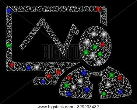 Bright Mesh Online Trader With Lightspot Effect. White Wire Frame Triangular Mesh In Vector Format O