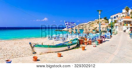 Traditional Greek seaside taverns . beautiful Samos island, Kokkari village