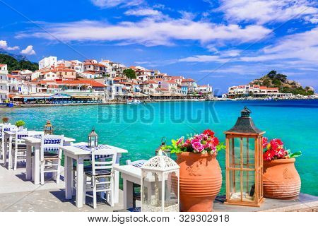 Traditional Greek seaside taverns . beautiful Samos island, Kokkari village