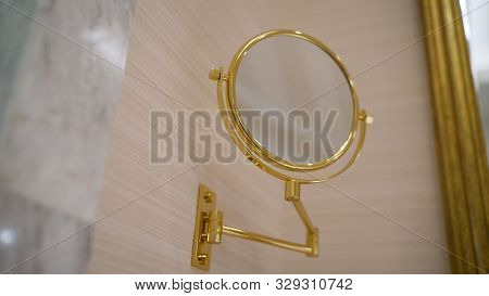 New Bathroom With Pattern Wallpaper, Sparkle Floor, Round Mirror With Decorative Golden Frame And Bl