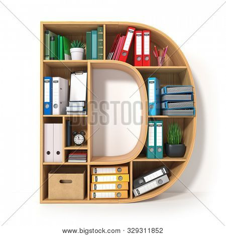 Letter D. Alphabet in the form of shelves with file folder, binders and books isolated on white. Archival, stacks of documents at the office or library. 3d illustration