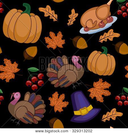 Pattern Thanksgiving Day. Turkey, Pumpkin, Autumn In Vector Eps 10
