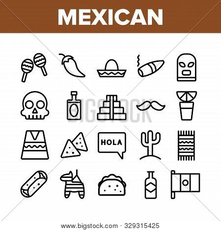 Mexican Traditional Collection Icons Set Vector Thin Line. Pepper And Tequila, Cigar And Cactus, Nac