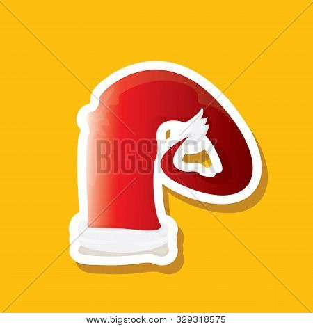 Vector Red Funky Santa Claus Hat Sticker Icon Or Label Isolated On Orange Background. Merry Christma