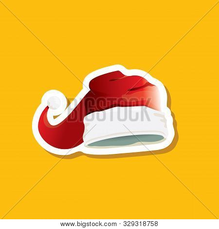 Vector Red Funky Santa Claus Hat Sticker Icon Or Label Isolated On Orange Background. Merry Christma