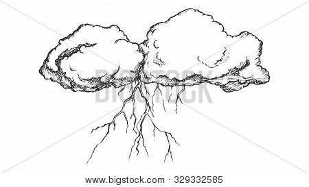 Storm Cloud With Flash Lightning Monochrome Vector. Sky Element Cloud. Cloudscape And Weather Meteor
