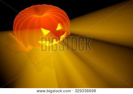 Flying White Ghost With Pumpkin Head And Boy Figure Covered With A Blanket Sheet On Black Background