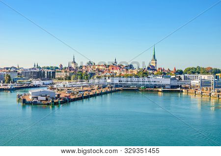 Beautiful Cityscape Of Tallinn, Estonia Photographed From The Cruise With Harbor By The Gulf Of Finl