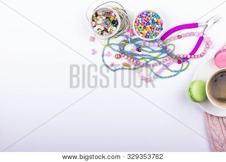 Beads For Beadworking, Coffee With Macaroons On White Background. Hobby, Handmade, Fine Arts. Flat L