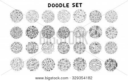 Set Of Doodles. Hand Drawn Icons. Big Collection Of Round Badges With Different Objects. Travel, Lif
