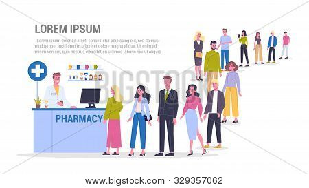 Vector Illustration Of Big Queue Of People Standing Towards A Pharmacy Store.