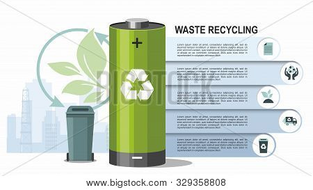 Battery And Waste Recycling Concept On City Background. Vector Illustration