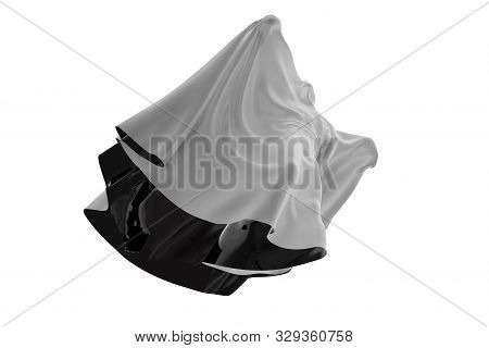 Flying White Ghost Boy Figure Covered With A Blanket Sheet On White Background. Halloween 3d Illustr