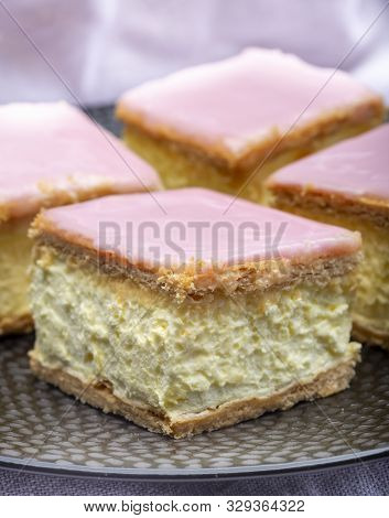 Tompoes Or Tompouce, Iconic Pastry In Netherlands And Belgium Made From Puff Dough, Icing, Cream