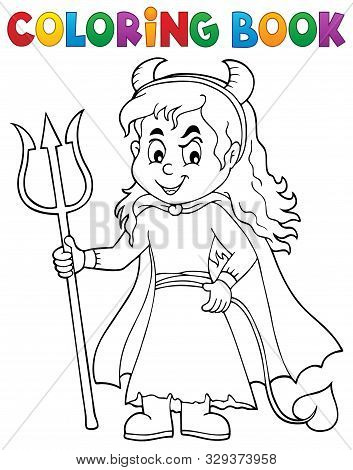 Coloring Book Girl In Devil Costume 1 - Eps10 Vector Picture Illustration.