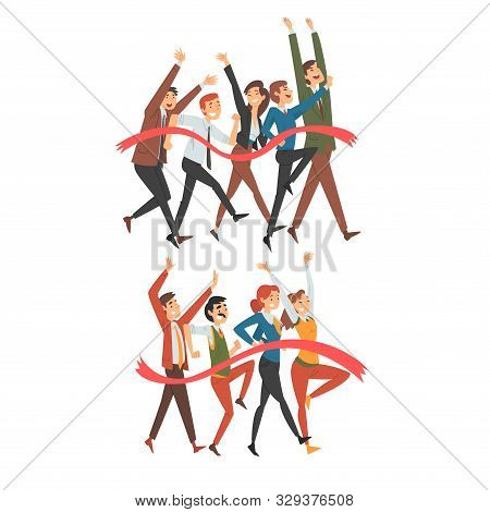 Set Of People In Office Clothes Joyfully Runs Through Red Tape Cartoon Vector Illustration