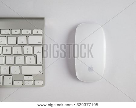 Uk, October 2019: Apple Mac Wireless Mouse And Keyboard On White Background