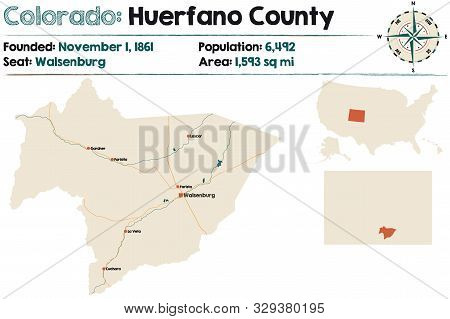 Large And Detailed Map Of Huerfano County In Colorado, Usa.