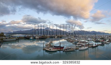 Seward, Ak, Usa - Sep. 19, 2019: Seward Boat Harbor And Waterfront Panorama In Fall, Seward, Kenai P