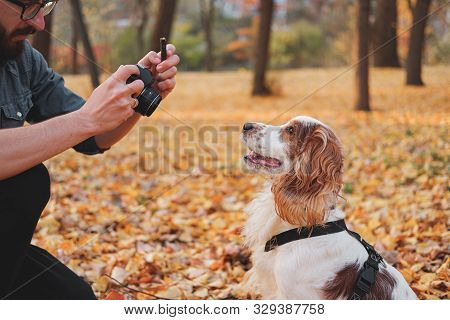 Man Photographing His Dog In A Park. Male Person Taking Picture Of His Well-trained Pet