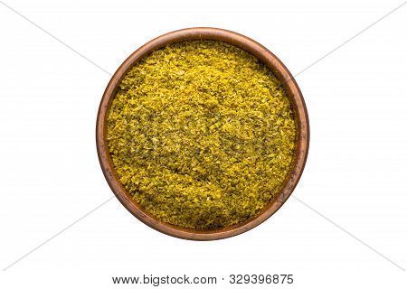 Khmeli Suneli Seasoning In A Wooden Bowl, Top View. Spice Isolated On White
