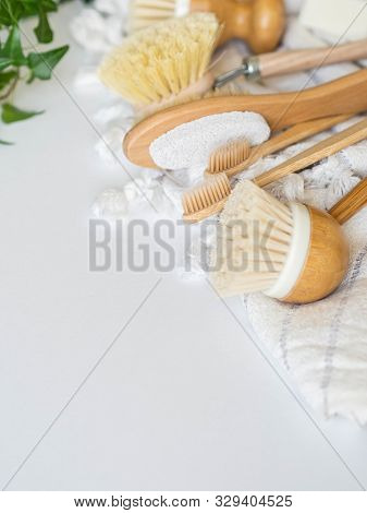 Dish Washing Brushes, Bamboo Toothbrushes, Bamboo Towel. Sustainable Lifestyle Zero Waste Concept. C