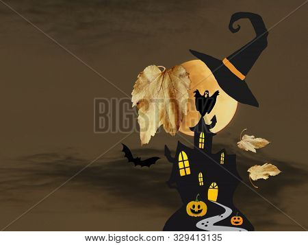Halloween Card With Full Moon And Candies, Wich And Pumpkins