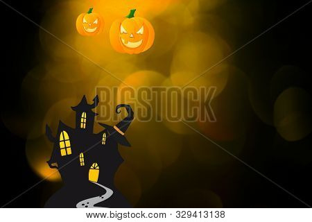 Halloween Card With Full Moon And Candies, Wich And Pumpkins