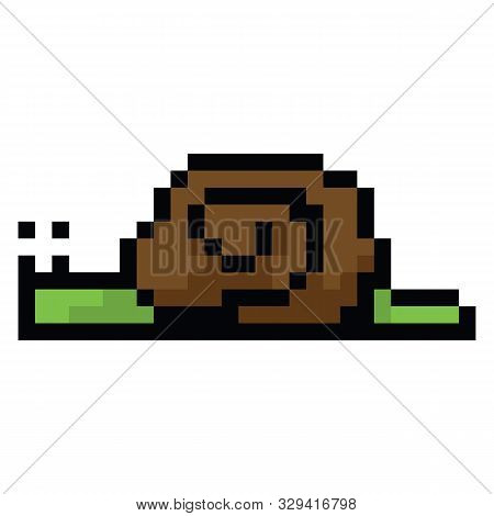 Cute 8 Bit Snail Vector Illustration. Garden Mollusk Pixel Art. Retro Game Garden Bug Sprite.