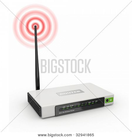 Draadloze wifi Router op witte achtergrond geïsoleerd. 3D