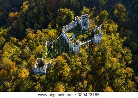 Croatia, Samobor, Old Abandoned Medieval Fortress Ruins And Forest Mountain Landscape Aerial Overhea