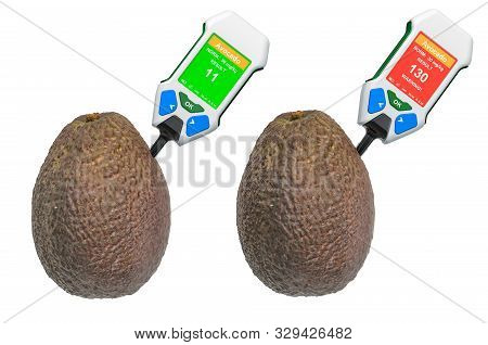 Nitrate Testers With Avocados. Measurement Of Nitrate Levels In Avocados, Normal Range And Higher Th