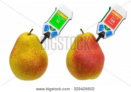 Nitrate Testers With Pears. Measurement Of Nitrate Levels In Pears, Normal Range And Higher Than Nor