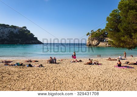 Menorca, Spain - October 14, 2019: Cala Galdana, One Of The Most Popular Beaches On The Island Of Me