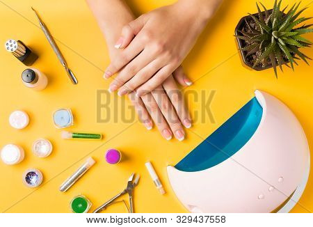 Composition For Nail Care, Female Young Hands, French Manicure, Gel Polish, Lamp For Nails And Equip