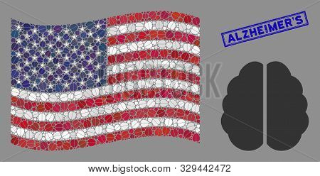 Brain Pictograms Are Organized Into American Flag Stylization With Blue Rectangle Rubber Stamp Water