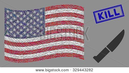 Kitchen Knife Icons Are Combined Into United States Flag Mosaic With Blue Rectangle Distressed Stamp